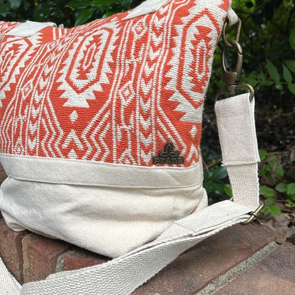 Prana Soleil Satchel Orange Cream Cotton Canvas Crossbody Tote Bag - Picture 2 of 12